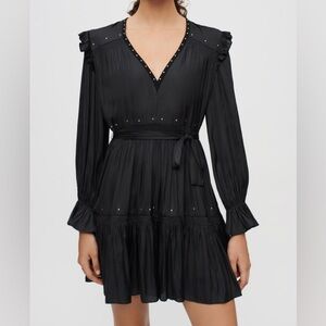 Maje Black Satin Long Sleeve Dress with Studded Accents